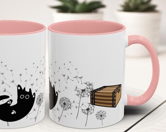 Black Cat Mug - Laying with belly exposed Cat & Dandelion Mugs 11oz and 15oz