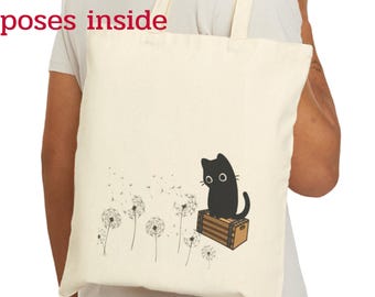 Bolsa de algodón con diseño de gato negro y diente de león: regalo para amantes de los gatos