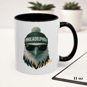 Personalized Philadelphia Football Mug –11oz 15oz Eagle Coffee Cup with Cool Beanie & Shades, Custom Name Gift for Philadelphia Fans