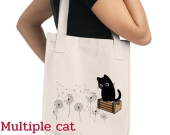 Bolsa de algodón orgánico reutilizable con diseño de gato negro y diente de león.