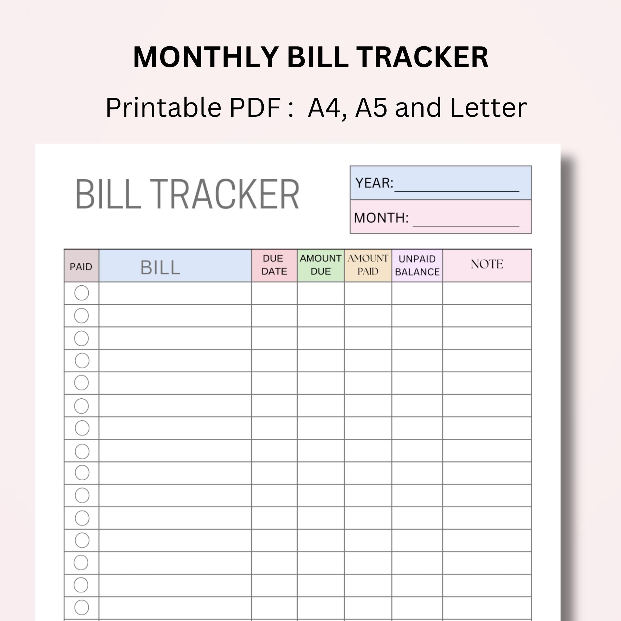 Monthly Bill Tracker Printable: Payment Checklist (PDF) - Etsy