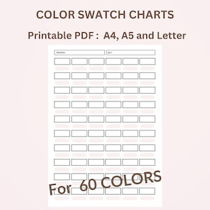 デジタルカラースウォッチテンプレート、60色のスウォッチシート、印刷可能なカラーリングスウォッチチャート、アルコールマーカーカラーシート、マーカースウォッチPDF