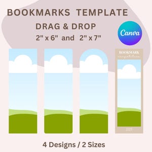 May include: Bookmark template with four designs and two sizes: 5.08cm x 15.24cm and 5.08cm x 17.78cm. The designs feature a sky and landscape theme. The image includes the Canva logo and text that reads "BOOKMARKS TEMPLATE", "DRAG & DROP", and "BOOKMARK competition 2025".
