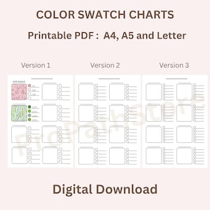 May include: Digital color swatch charts in PDF format, available in A4, A5, and Letter sizes. The image displays three versions of the chart, each with color blocks and corresponding checkboxes. The text includes "COLOR SWATCH CHARTS" and "Digital Download."