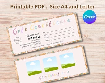 Bearbeitbare Geschenkgutschein Vorlage: Canva DIY Gutschein (Vorder- & Rückseite, PDF A4/Letter/8.5x3.5")