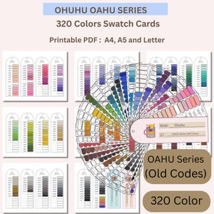 Puede incluir: Un conjunto de tarjetas de muestras de color para la serie Ohuhu Oahu, con 320 colores. La imagen incluye un abanico de colores y varias tarjetas rectangulares con muestras de color. El texto en la imagen dice "PDF imprimible: A4, A5 y Letter."