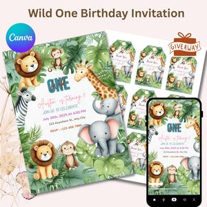 Convite de aniversário para menino, convite para o primeiro aniversário no Safari, convite para o aniversário do Wild One, animais do Safari na selva, cartão de aniversário editável para meninos