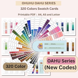 Może przedstawiać: Zestaw kart wzorników kolorów z serii Ohuhu Oahu, zawierający 320 kolorów. Plik PDF do wydruku jest dostępny w formatach A4, A5 i Letter. Projekt zawiera koło kolorów i indywidualne karty kolorów z tekstem "320 Color" i "OAHU Series (New Codes)".