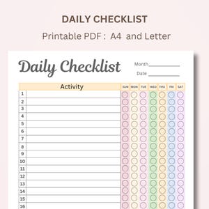 Könnte beinhalten: Eine druckbare tägliche Checkliste mit dem Titel "Daily Checklist". Sie enthält Abschnitte für Aktivitäten, Daten und Wochentage. Kreise dienen zum Abhaken erledigter Aufgaben. Verfügbar in A4- und Letter-Größe.