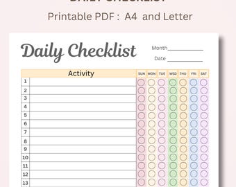 May include: A printable daily checklist, titled "Daily Checklist", with sections for activities, dates, and days of the week. It features circles for marking completed tasks. The PDF is available in A4 and Letter sizes. The design is simple and functional.