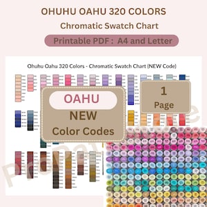 Op de afbeelding: Een chromatische kleurenpalet voor Ohuhu Oahu 320 kleuren markers. De kaart bevat kleurcodes en een afdrukbare PDF-optie voor A4- en Letter-formaten. De afbeelding toont ook een verzameling van de markers.