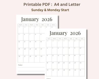 2026 Minimalistischer Kalender: Monatsplaner mit Notiz (A4, Letter PDF)