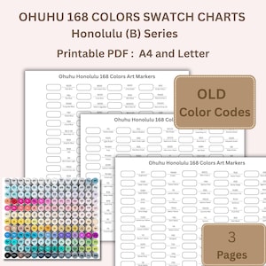 Ohuhu 168 colors Honolulu Series with Old Codes,  Printable Color Swatch Chart, Color Swatch Charts, Marker Chromatic Swatch Charts Template