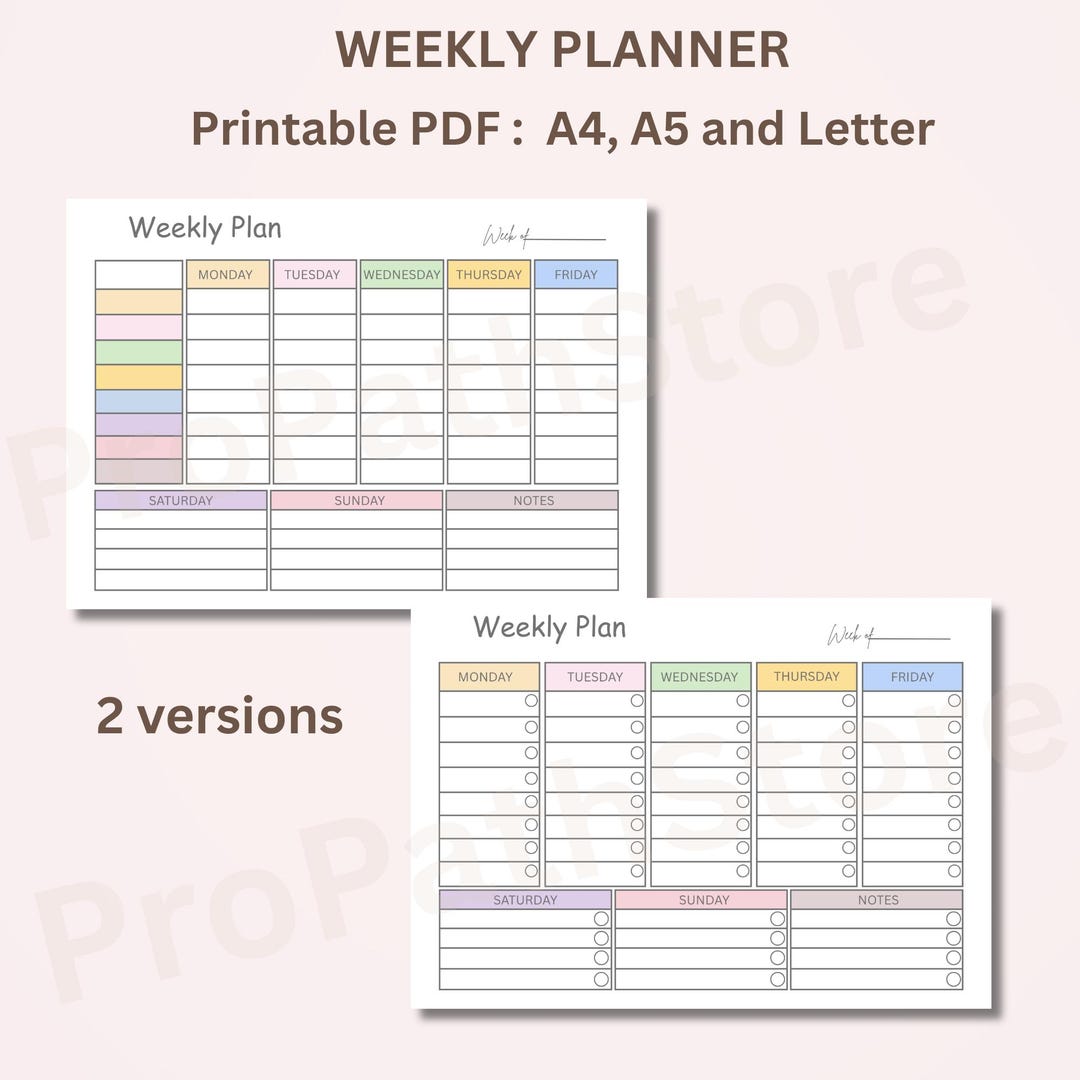 Weekly Planner Printable: Colorful Undated Schedule (a4/a5/letter PDF ...