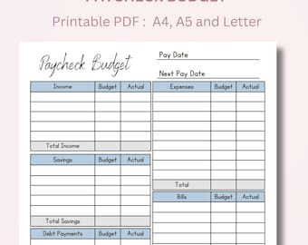 May include: A printable budget worksheet with sections for income, savings, debt payments, and expenses. The worksheet includes columns for budget and actual amounts. The worksheet is designed to help people track their finances and stay on budget.