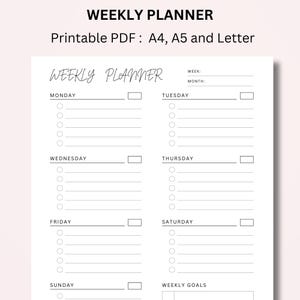 May include: A printable weekly planner with sections for each day of the week, Monday through Sunday, and a section for weekly goals. The planner has a simple black and white design.
