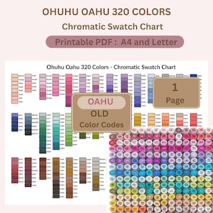 Może przedstawiać: Chromatyczna tabela kolorów dla Ohuhu Oahu 320 Kolorów, z możliwością wydruku PDF w formacie A4 i Letter. Tabela wyświetla kody kolorów i różnorodne kolory, w tym róże, błękity, zielenie i brązy. Tekst "OHUHU OAHU 320 KOLORÓW" znajduje się na górze.