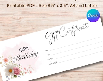 Druckbare Geburtstagsgeschenkgutschein-Vorlage: Bearbeitbarer Canva-Gutschein (8.5x3.5 in, A4 / US Letter PDF)