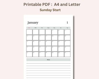 2026 Monatskalender zum ausdrucken, Sonntag Start Monatsplaner, minimalistischer Kalender PDF, A4 & Letter Größe, Instant Download