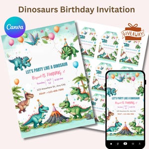 Invitación de cumpleaños de dinosaurio, invitación editable de dinosaurio, invitación de cumpleaños para fiesta de dinosaurios jurásicos, tarjeta de invitación para fiesta de T-Rex para niño