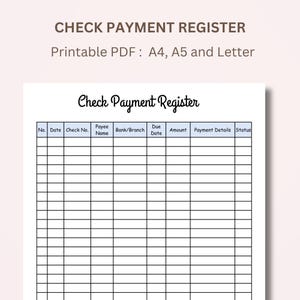 Check Payment Register, Checkbook Register Printable, Instant Digital Download, Bank Account Log PDF, Lines Spaces are Larger Easy to Notes