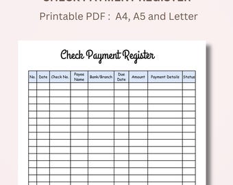 Registre des paiements par chèque imprimable : journal du compte bancaire (téléchargement numérique PDF)