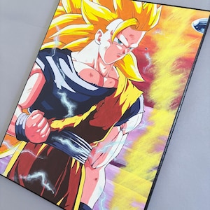 Puede incluir: Una pintura de un personaje de anime con cabello amarillo, que lleva un atuendo rojo y negro, de pie en un fondo amarillo y morado con rayos.