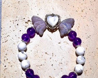 8mm Amethyst & Howlite Angel Wing Bracelet • Handmade Crystal Jewelry