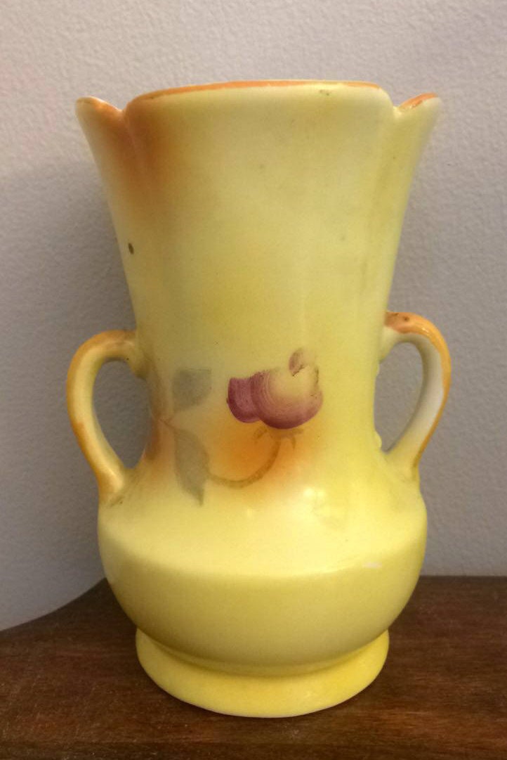 Vintage Yellow Floral Vase Small With Handles Orange Green