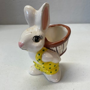 Vintage Ceramic Bunny Rabbit with Basket Figurine Statue