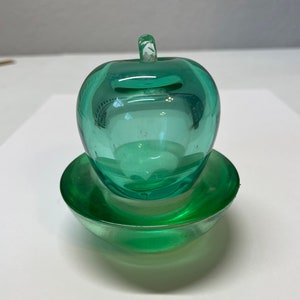 Vintage Green Glass Apple w Dish