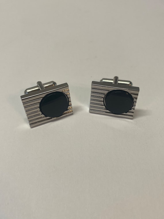 Vintage Stainless Steel Cuff Links w Black Decal - image 1