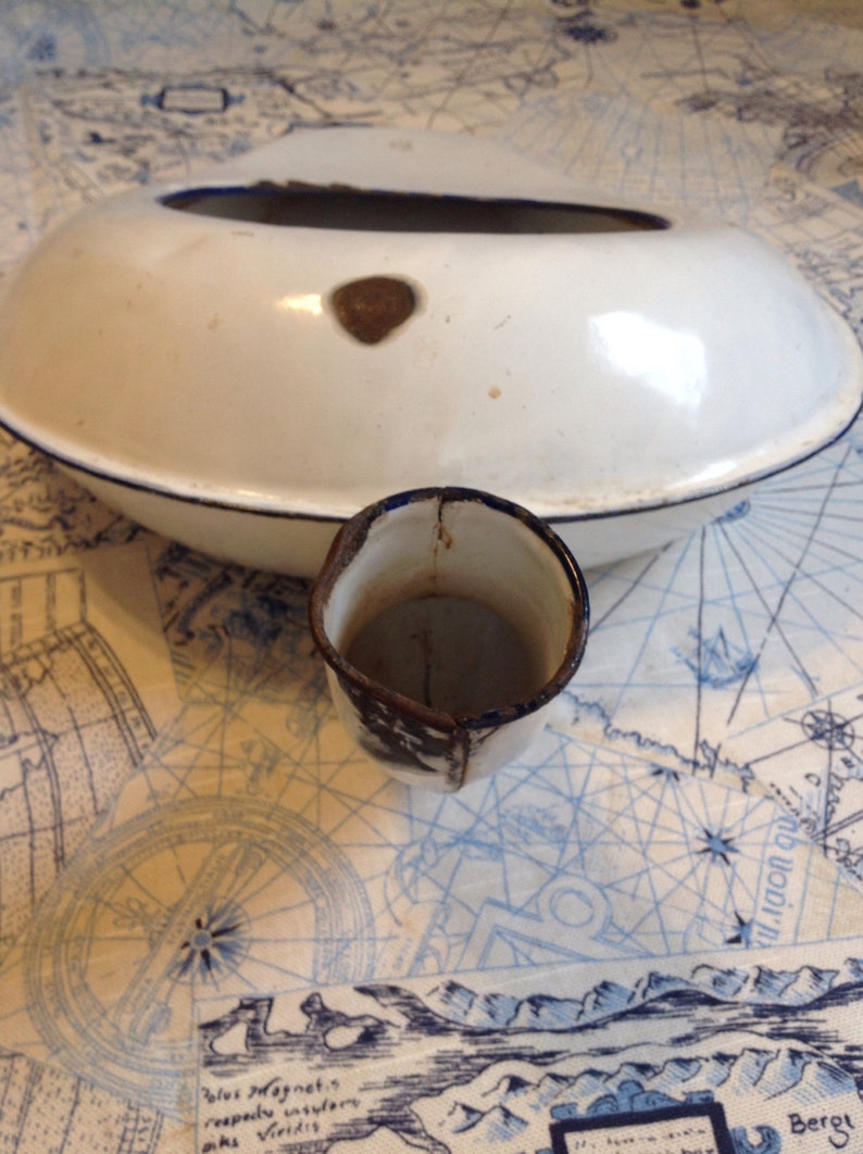 Vintage Metal Enamel Bedpan Blue and White Etsy