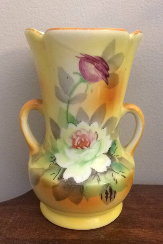 Vintage Yellow Floral Vase Small With Handles Orange Green