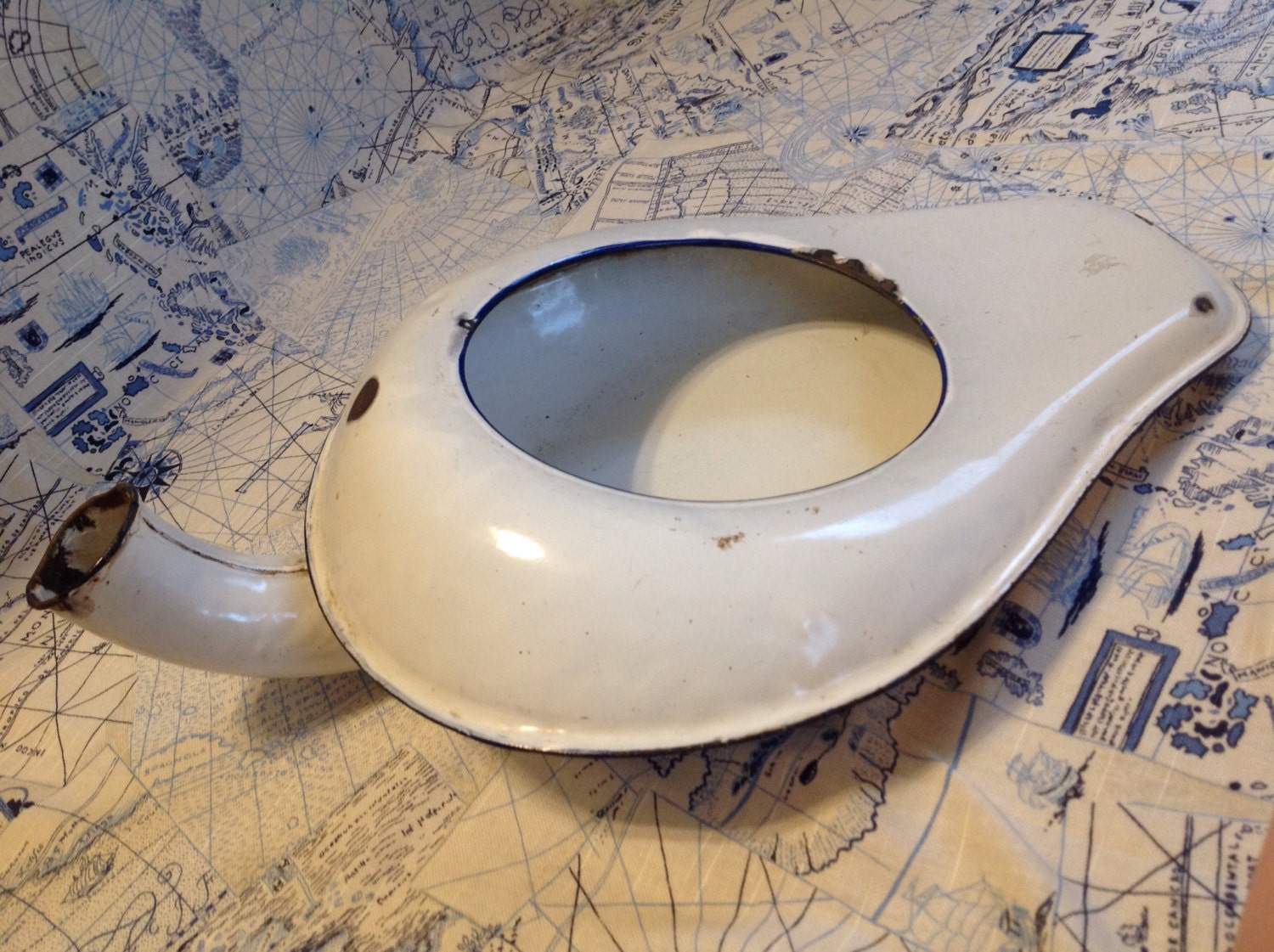Vintage Metal Enamel Bedpan Blue and White Etsy
