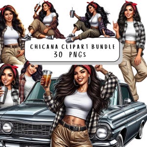 Chicana Clipart Bundle 30 PNGs Transparent Background High Resolution, 5 ZIP Files Bundle, Instant Digital Download