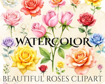 Imágenes prediseñadas de rosas hermosas en acuarela, paquete de rosas PNG, rosas en acuarela, conjunto de imágenes prediseñadas de rosas, rosas imprimibles, arte de rosas en acuarela