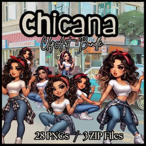 Chicana Chibi Clipart Bundle: 28 PNG Designs (Digital Download)