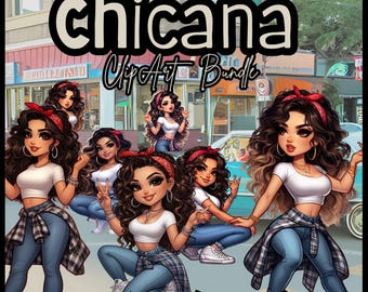 Paquete de imágenes prediseñadas de chicana chibi (28 PNG, fondo transparente, alta resolución)