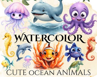 Imágenes prediseñadas de animales marinos en acuarela, paquete PNG, animales marinos en acuarela, conjunto de imágenes prediseñadas de animales bebés, animales imprimibles, arte infantil adorable
