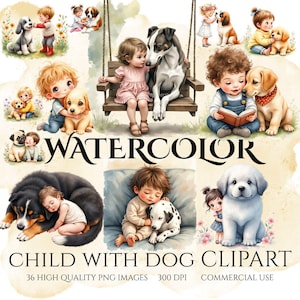 Watercolor Cute Child with Dog Clipart, Dog and Child PNG Bundle, Watercolor Kids Dogs Clipart, Printable Animals, Cute Nursery Art