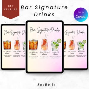 Szablon menu baru, edytowalny znak weselny, lista drinków, drukowane menu koktajlowe na specjalne okazje