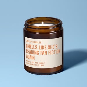 May include: A brown glass jar candle with a white label. The label reads "SMELLS LIKE SHE'S READING FAN FICTION AGAIN." The candle is filled with white wax and has a wick. The candle is 255 grams.