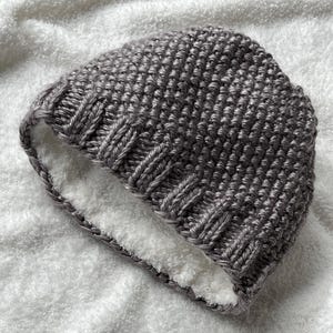 Hand knit warm winter beanie hat soft glittery grey plush white fleece inner lining original ribbed brim