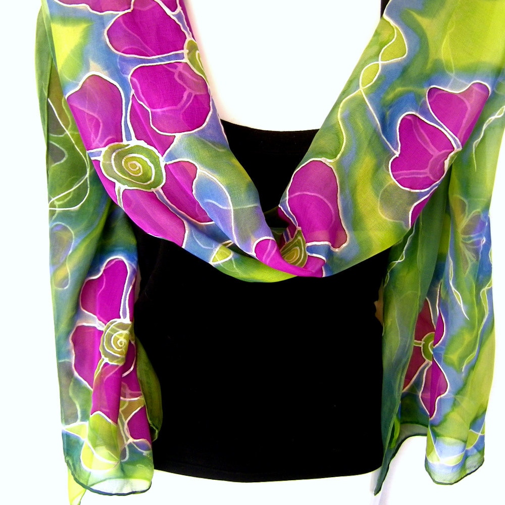 Floral Silk Scarf Hand Painted Silk Scarf Purple Olive Etsy