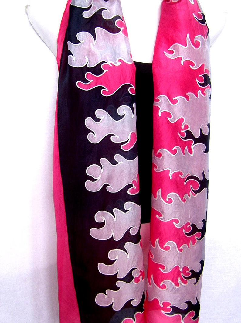 Hand Painted Silk Scarf Fire Flames Red Black Silver Gray Etsy