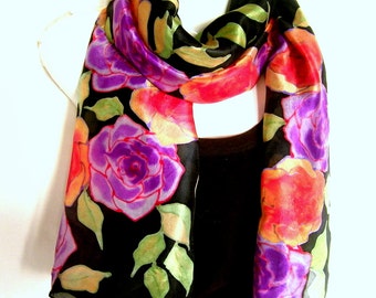 Hand Painted Silk Scarf Poppies Black Gray Purple Made To Order 