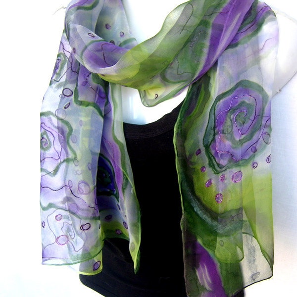 Silk Scarf, Hand Painted Silk Scarf, Purple Green Silk Chiffon Scarf, Abstract Geometrical Swirls, Gift For Her