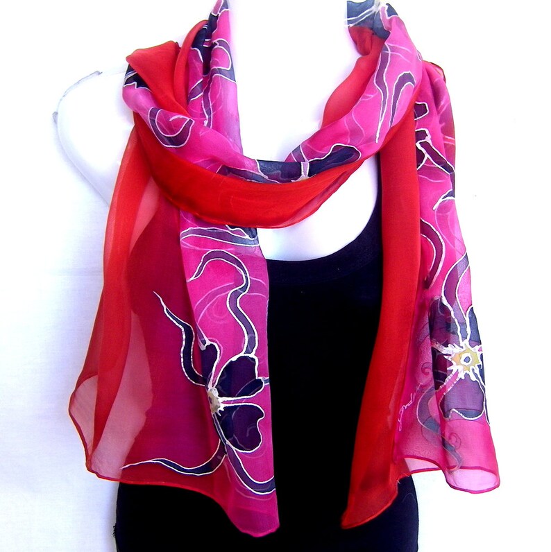 Hand Painted Silk Scarf Floral Red Black Silk Chiffon Etsy