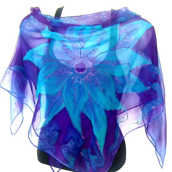 RESERVED For Kerry Hand Painted Silk Scarf, Turquoise Purple, 35" Square Floral Silk Chiffon Scarf, Gift For Her